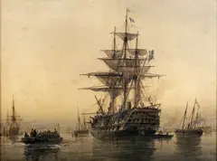 Richard Henry Nibbs, Warship and Sailing Vessels in a Harbour, watercolour