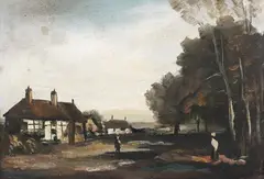 Philip Hugh Padwick, Landscape with Thatched Cottages and Figures, 1925, oil on board