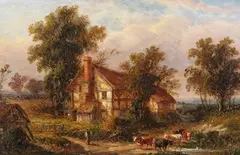 T. Thomas, Pastoral Landscape with Cottage and Cattle, oil on canvas