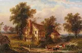 T. Thomas, Pastoral Landscape with Cottage and Cattle, oil on canvas