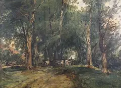 Woodland Landscape with Cattle on a Lane by James B. Dalziel, oil on canvas, sold Sep 2024