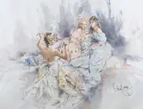 Gordon King, Three Female Figures wearing Dresses, watercolour