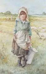 Edward A. Swan, Farm Girl holding a Milk Jug in a Field with Sheep and Figures, watercolour