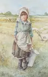 Edward A. Swan, Farm Girl holding a Milk Jug in a Field with Sheep and Figures, watercolour