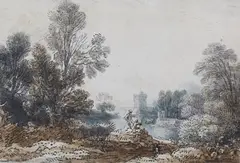 Jean Baptiste Chatelain, Figures in a Capriccio Landscape, watercolour with ink