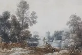 Jean Baptiste Chatelain, Figures in a Capriccio Landscape, watercolour with ink