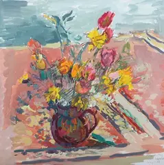 Mary Britten Clarke, Still Life with Flowers in Jug, 1988, acrylic on paper
