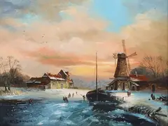 R. Dornhiem, Dutch Winter Landscape with Windmill and Skaters on the Ice, oil on board