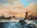 R. Dornhiem, Dutch Winter Landscape with Windmill and Skaters on the Ice, oil on board