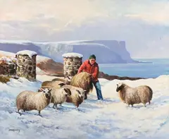 James McKendry, Winter Landscape with Farmer and Sheep at Murlough Bay with Fair Head Cliffs beyond, Northern Ireland, oil on canvas-board