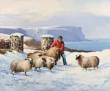 James McKendry, Winter Landscape with Farmer and Sheep at Murlough Bay with Fair Head Cliffs beyond, Northern Ireland, oil on canvas-board