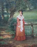 Arthur Longley Vernon, Lady on a Country Path near a Pond, watercolour with gouache
