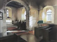 Terry Copping, The Interior, St Botolphs Church, Hardham, watercolour