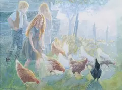 Maureen M. Briggs, Children feeding Chickens, watercolour with gouache