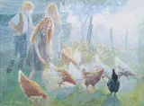 Maureen M. Briggs, Children feeding Chickens, watercolour with gouache