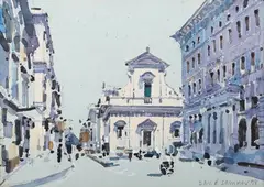 David Sumner, Street Scene with Basilica, Rome, watercolour