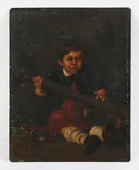Károly Brocky, Child with a Guitar and Trumpet, oil on metal