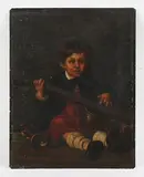 Károly Brocky, Child with a Guitar and Trumpet, oil on metal