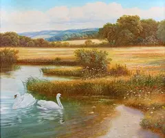 Andrew Grant Kurtis, Landscape with Swans on a River, oil on canvas