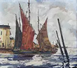 George Richard Deakins, Sailing Vessels near a Quayside, oil on canvas