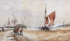Richard Henry Nibbs, Sailing Vessels in a Stiff Breeze in the Harbour at Shoreham-by-Sea, watercolour