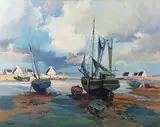 Lucien Fournet, Les Conil, Bretagne’ (Breton Harbour Scene), oil on canvas