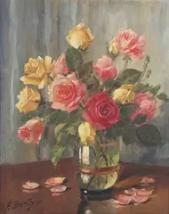 Anne Berty, Still Life with Pink and Yellow Roses, oil on canvas