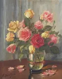 Anne Berty, Still Life with Pink and Yellow Roses, oil on canvas