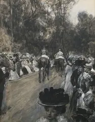 William Hatherell, Horse Racing Scene, possibly Sandown, 1907, monochrome watercolour with ink and gouache