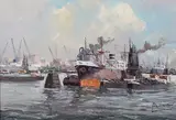 Adrianus Verveen, Shipping in Rotterdam Harbour, oil on canvas