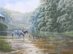 Spencer Coleman, Figures and Dales Horses in a River Landscape, late 20th/early 21st century oil on canvas
