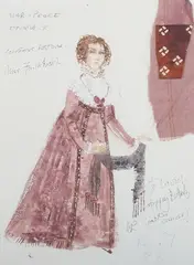 Countess Rastova and Princess Helene (Costume Designs for War and Peace) by Charles Knode, a pair of 20th century mixed media ink with gouache and fabric collage, sold May 2024