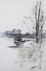 Rodrigo Moynihan, Sawbridgewirth, charcoal with watercolour and chalk