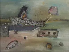 Anne Batty, Maritime Composition, oil with collage on board