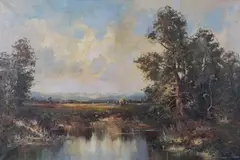 Oscar Carl Schuster, Landscape with Pond and Harvesters beyond, oil on canvas