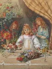 K. Lucas, At our Flower Stall, watercolour with gouache