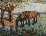 Margaret Neame, Horses watering, oil on canvas