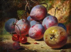 Benjamin Roberts, Still Life with Plums, Cherries and an Apple on a Mossy Bank, oil on board