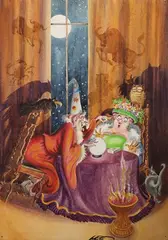 Joseph Lee, Wizard with Raven and Crystal Ball, watercolour with gouache on card