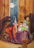 Joseph Lee, Wizard with Raven and Crystal Ball, watercolour with gouache on card