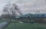 Walter Woodington, Landscape with Figure and Dog, oil on board