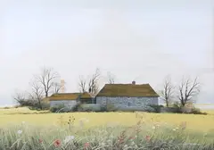 Farm Buildings in a Landscape by Paul Evans, watercolour with gouache, sold Jan 2024