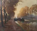 Henri Jourdain, Canal Scene with Barges, watercolour with gouache