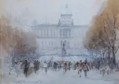Roy Hammond, Christmas Shoppers in Wenceslas Square, Prague, watercolour with gouache