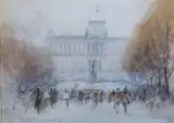 Roy Hammond, Christmas Shoppers in Wenceslas Square, Prague, watercolour with gouache