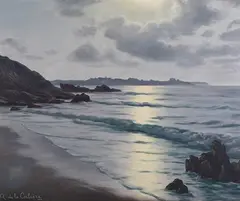 Moonlit Coastal Landscape by Roger de la Corbière, oil on canvas, sold Jan 2024