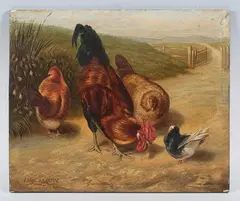 Louis Baraude, Cockerell and Hens in a Landscape, oil on panel