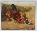 Louis Baraude, Cockerell and Hens in a Landscape, oil on panel