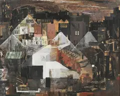 John Laughton, Rooftop Scene at Night, watercolour with gouache
