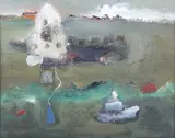 Anne Batty, Hoverings of Evening, oil with collage on board